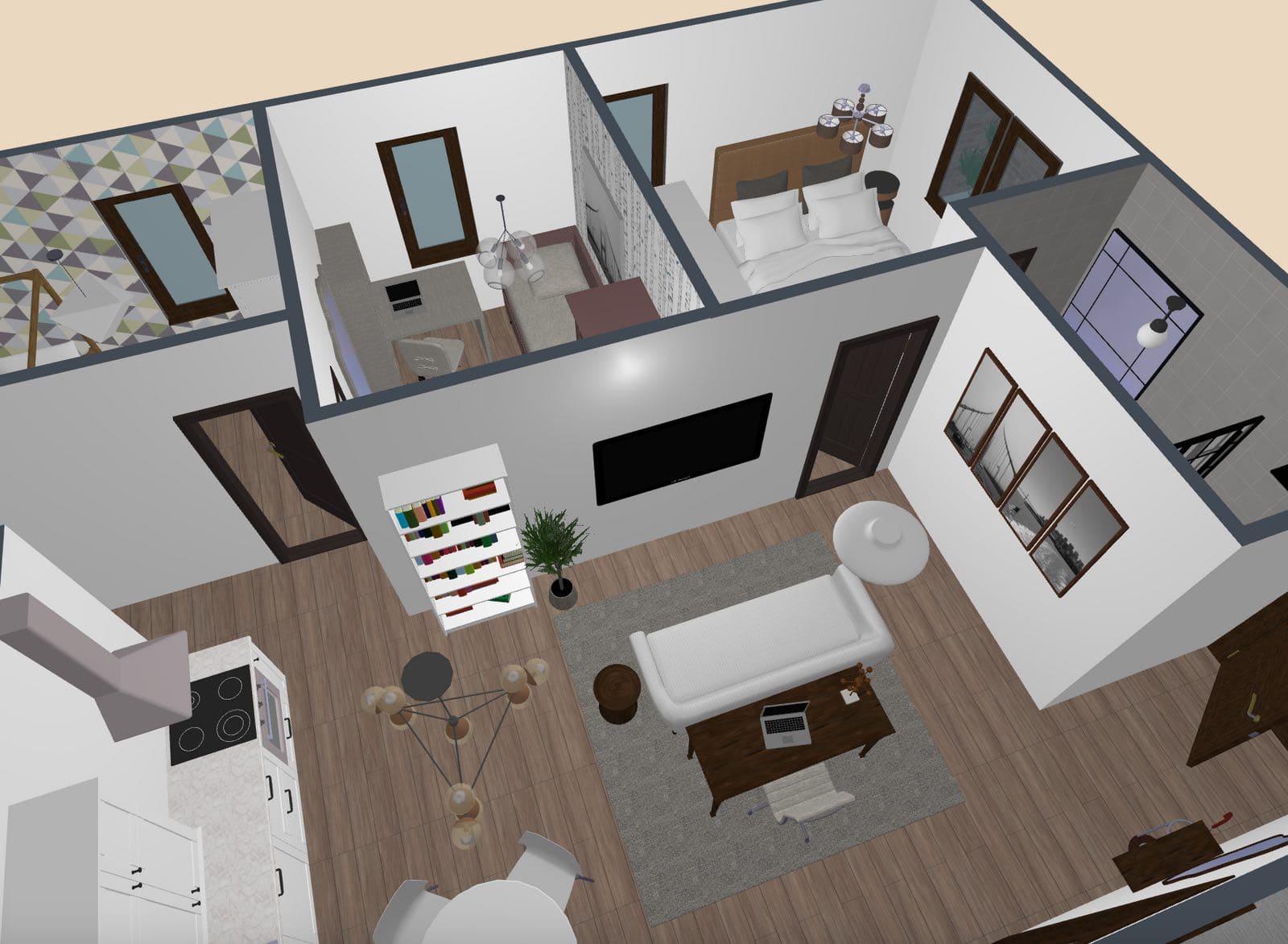 plano 3d de casa pequeña, render de sala de estar moderna y dormitorios