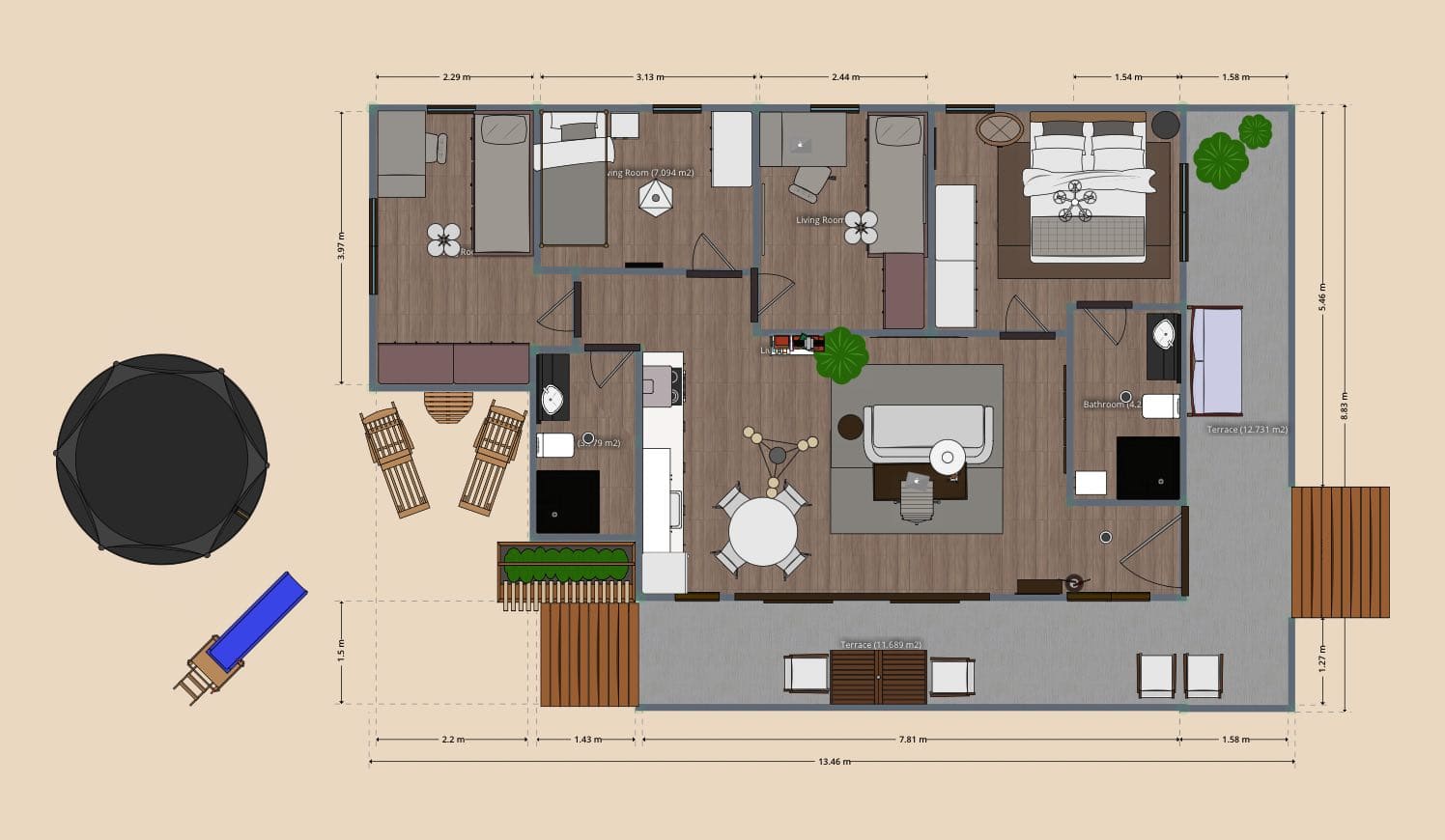 plano de casa pequeña de 4 dormitorios
