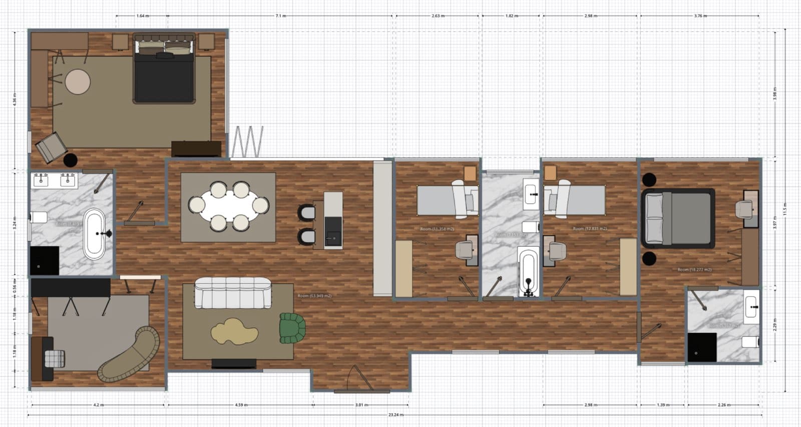 plano arquitectónico de casa en L con medidas cuatro dormitorios