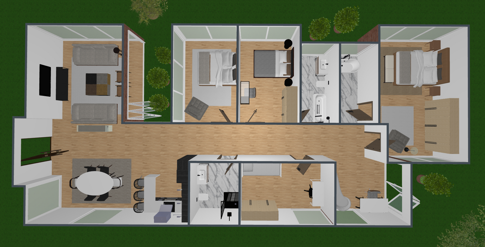 plano 3d de casa minimalita con medidas de 4 dormitorios