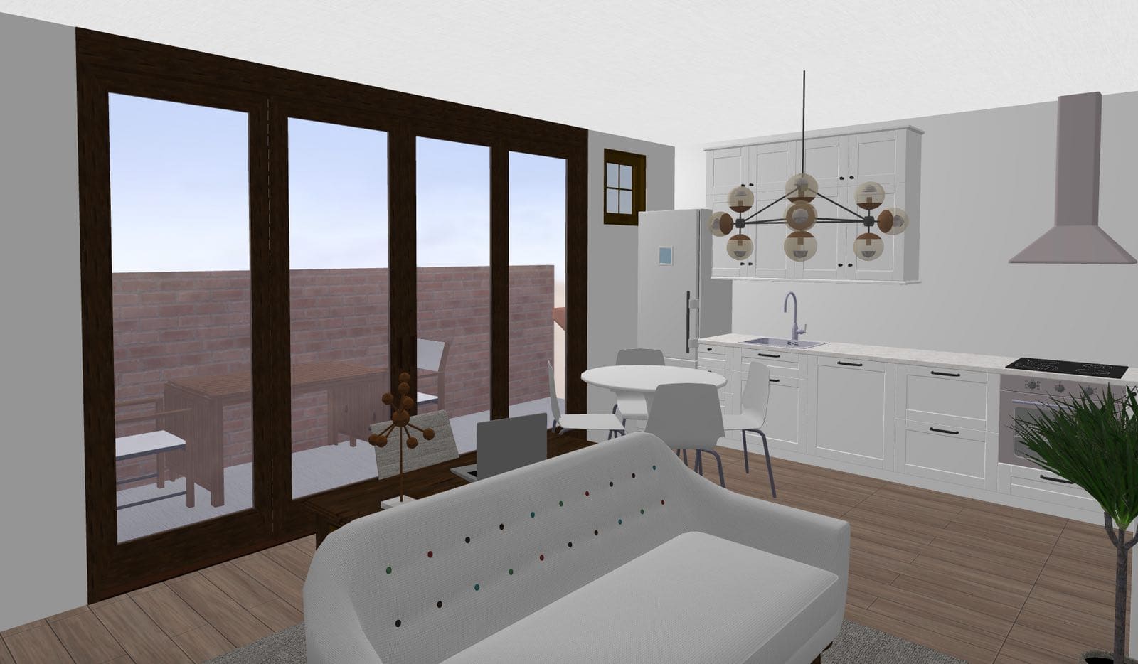 render de cocina-salón moderna con terraza en casa de 4 dormitorios