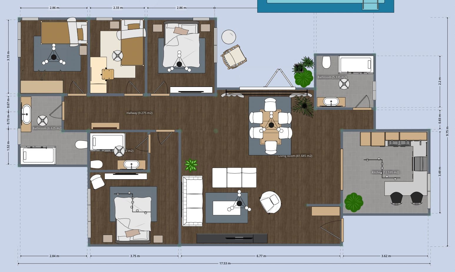 plano con medidas de casa con piscina de 4 dormitorios, cocina y tres baños