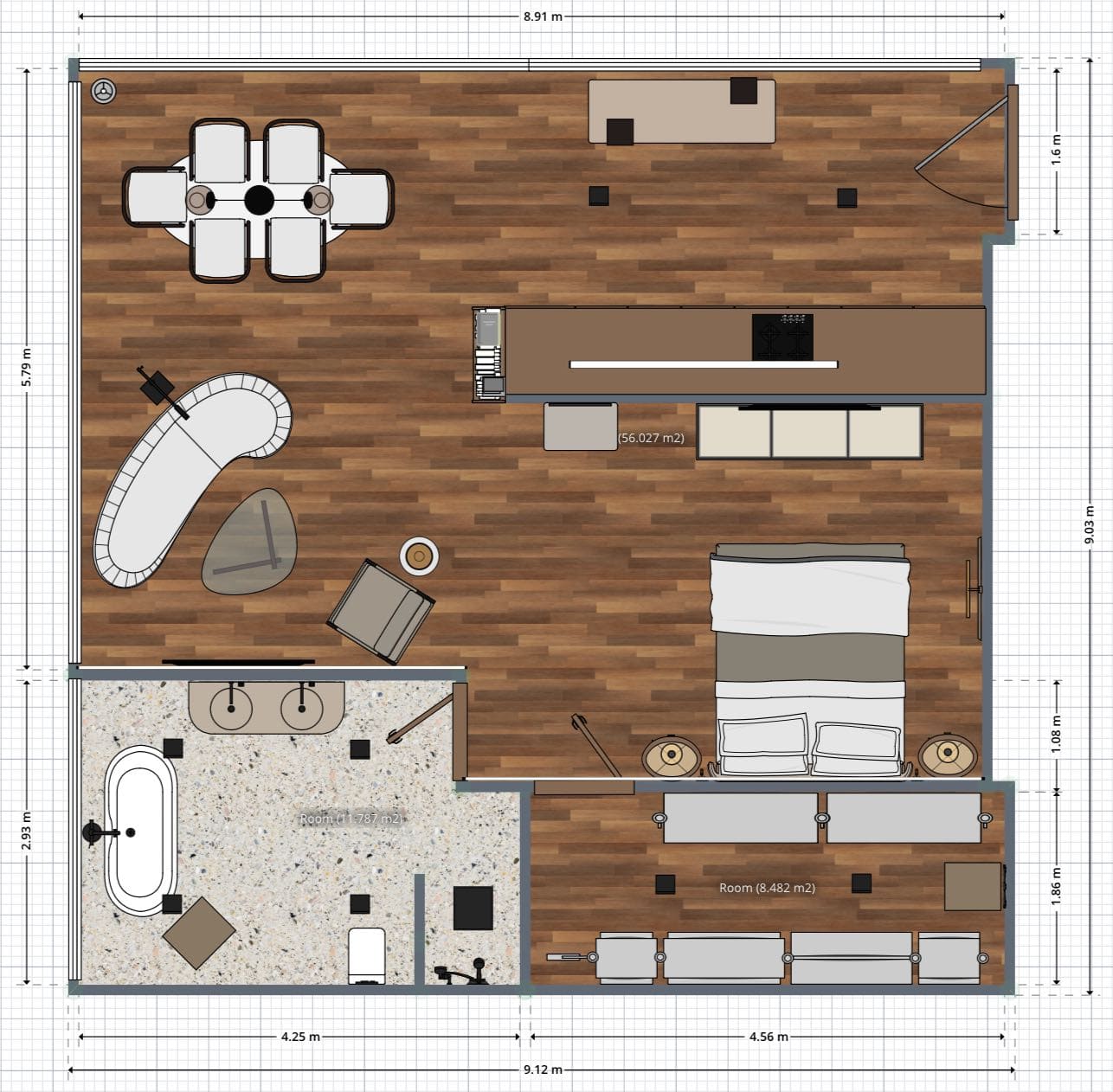 plano de apartamento estudio pequeño con medidas loft de 1 dormitorio