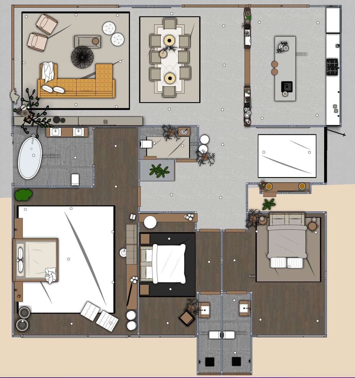 plano arquitectónico de casa con tres dormitorios, de un piso