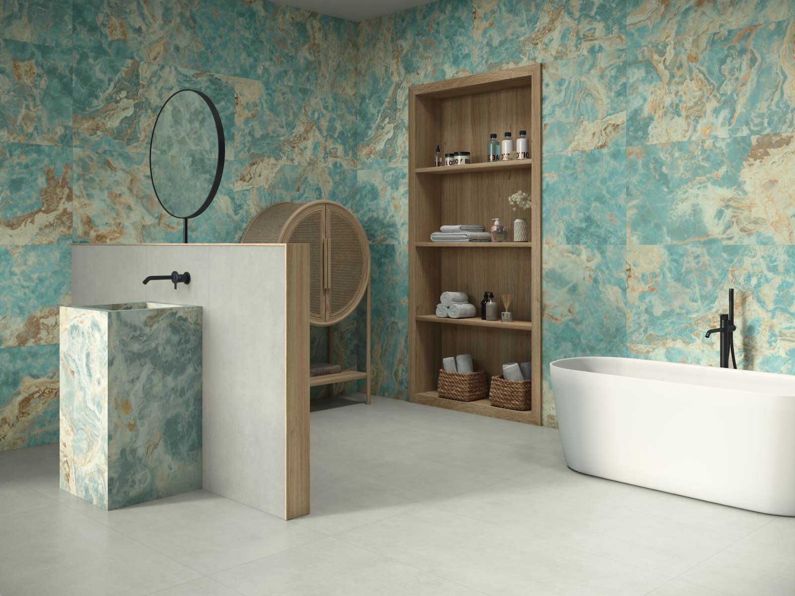 cuarto de baño moderno con azulejos de efecto mármol