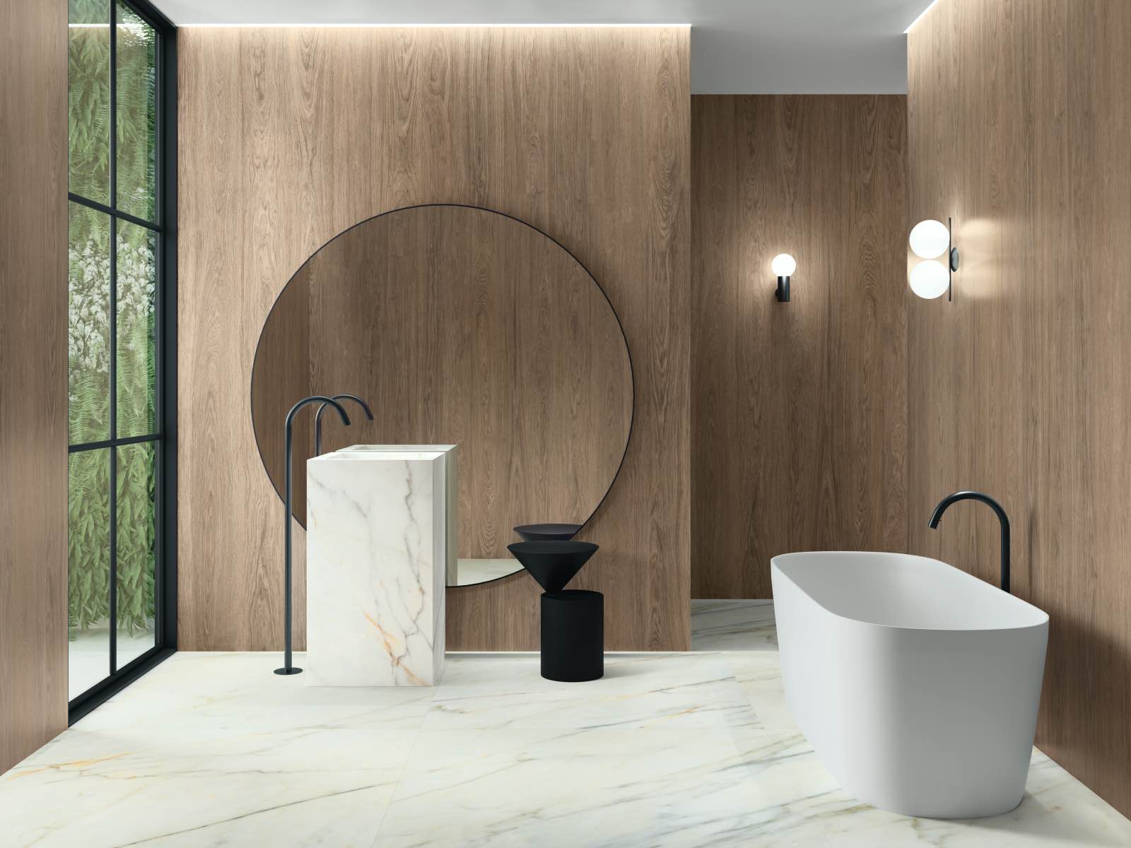 cuarto de baño con azulejos de efecto mármol y madera