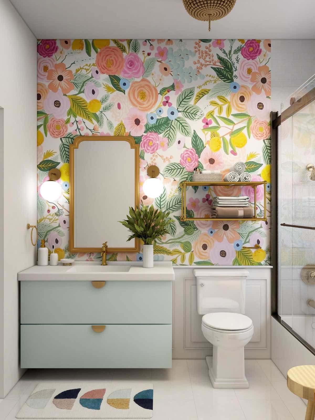 baño moderno de colores con papel de pared 