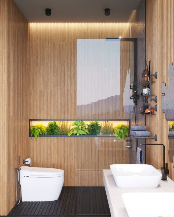 Banheiro de madeira com nicho embutido para plantas