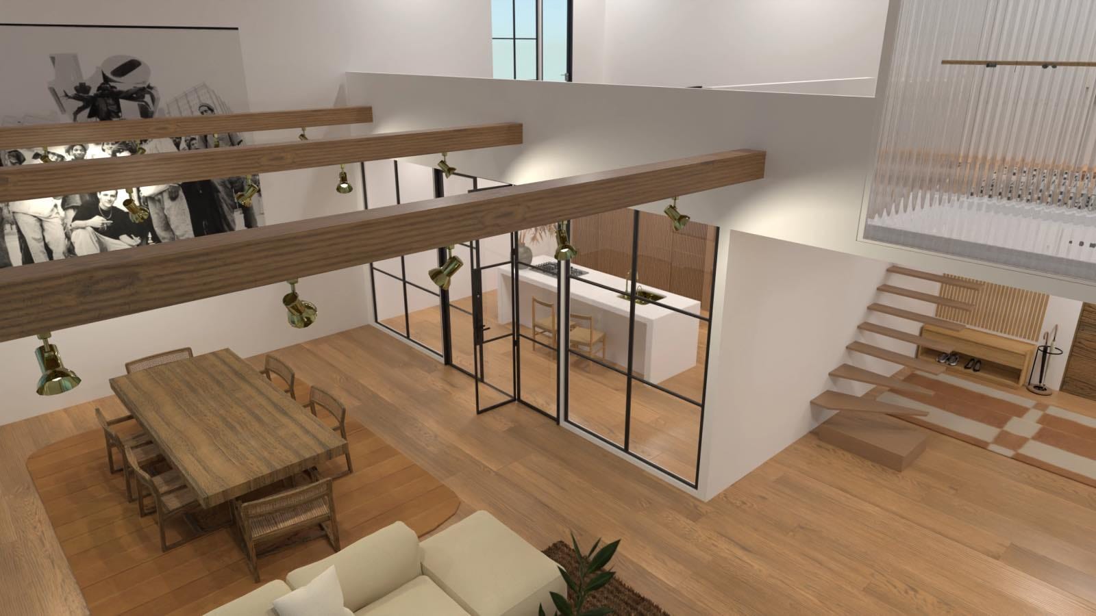 3d render loft apartment living room kitchen dinning room
