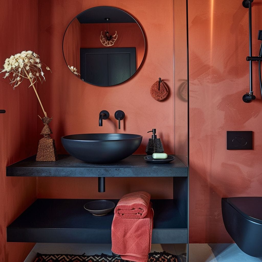 orange and black bathroom design