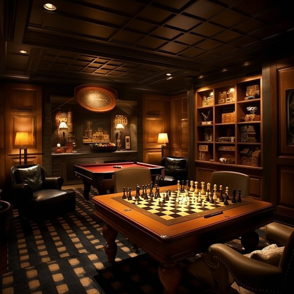 игровая комната с шахматной доской и бильярдным столом