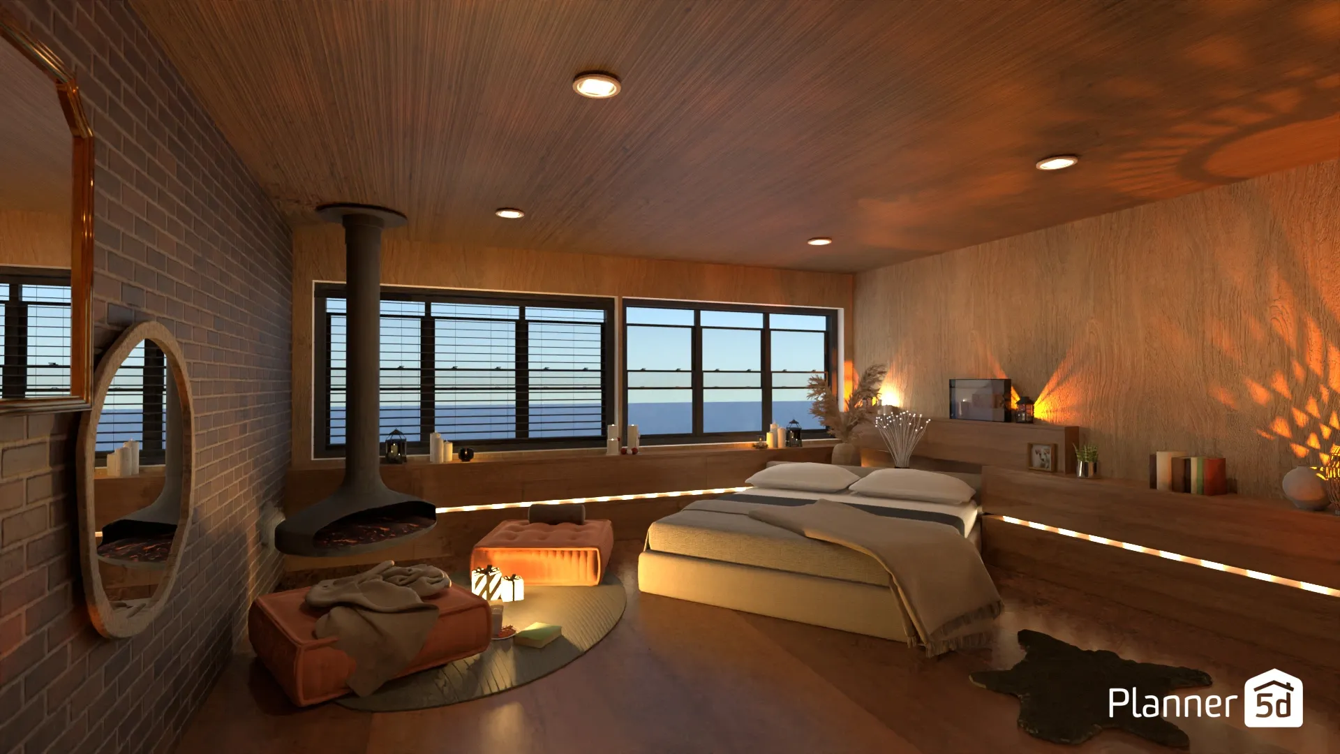 planner5d floor plan of an atmospheric bedroom with a view and lamps
