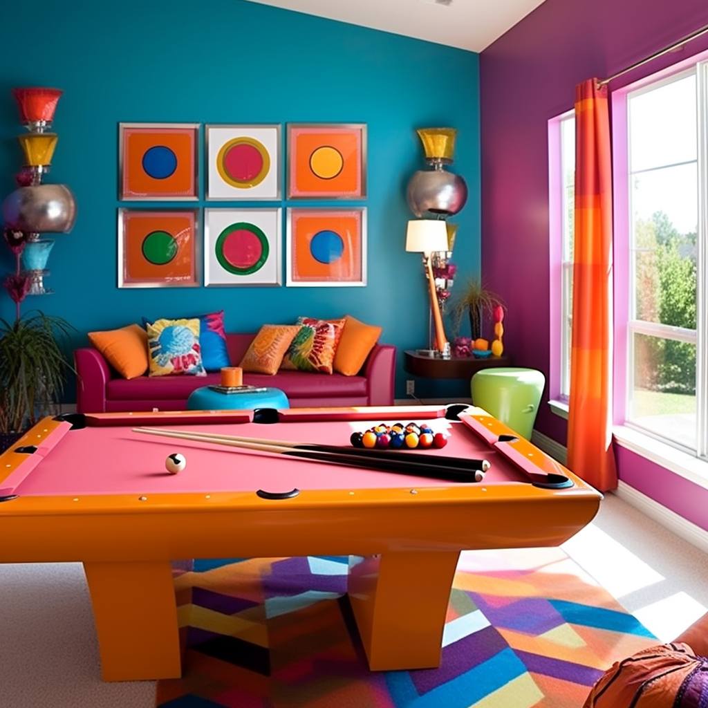 Яркая игровая комната с узорами на полу и яркими элементами в стиле ретро