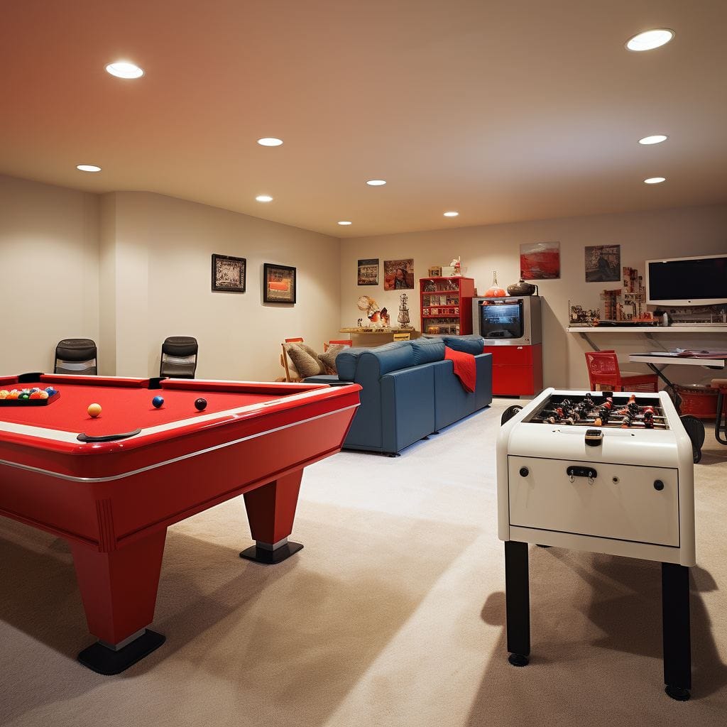 игровая комната с настольным футболом, бильярдным столом и диваном