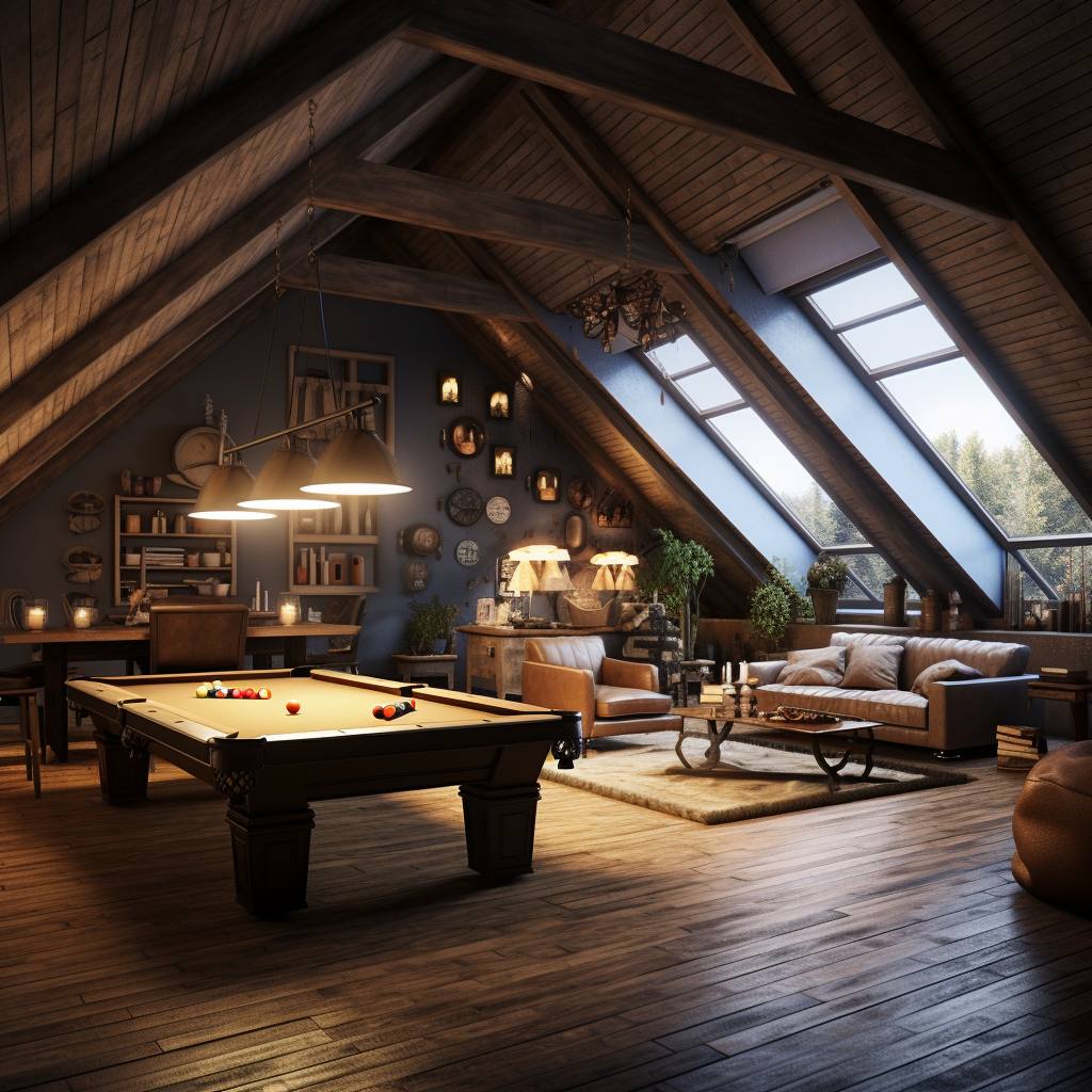 game room in an attic with large windows