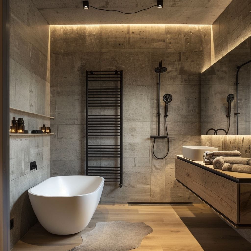 Bagno moderno e minimalista con pareti in cemento