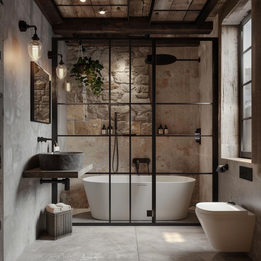 modern bathroom with an industrial partition
