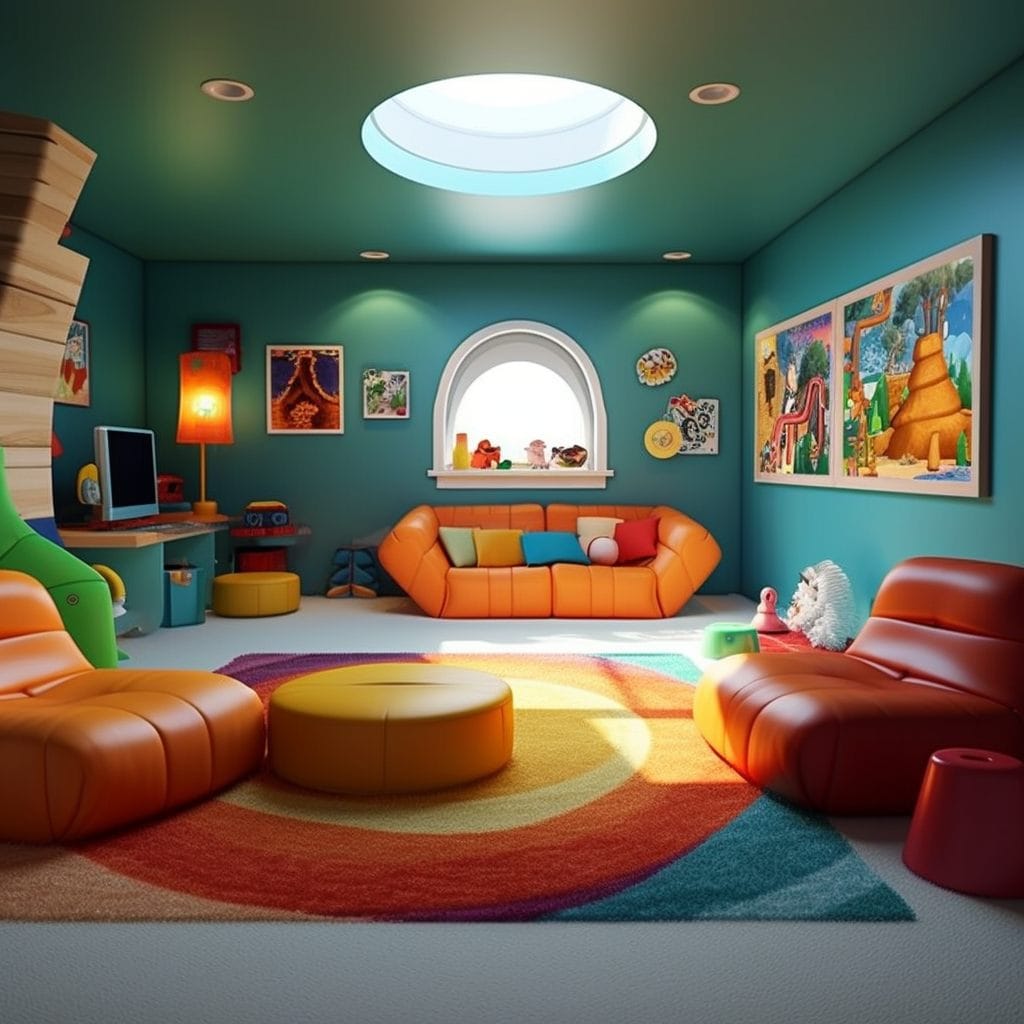 красочная игровая детская комната с оранжевыми диванами