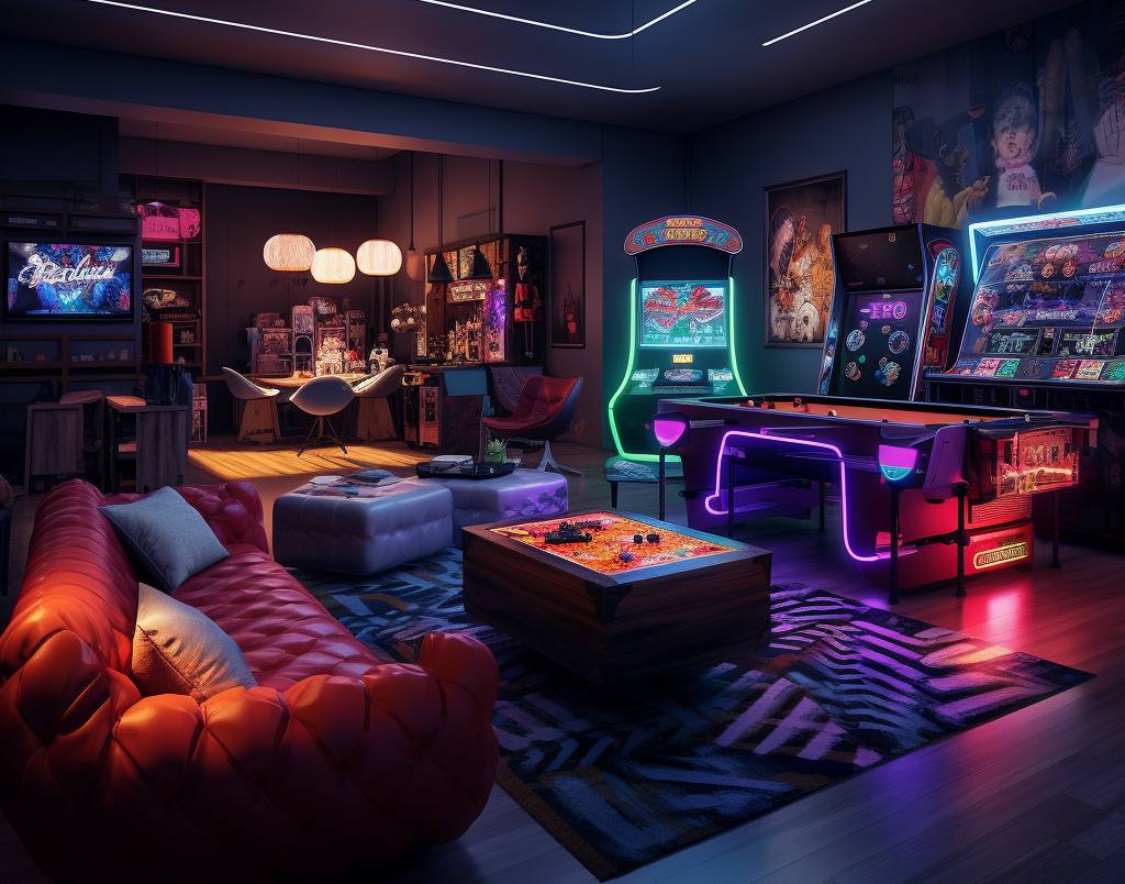 игровая комната с приглушенным светом и неоновыми вывесками