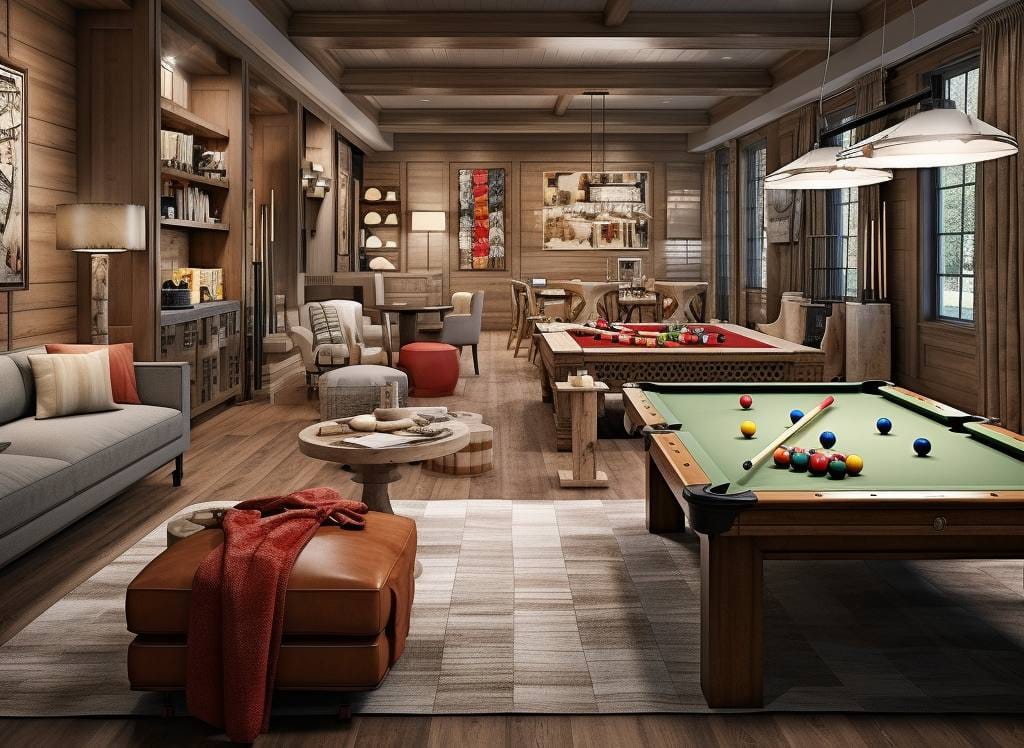 lodge style game room with pool tables