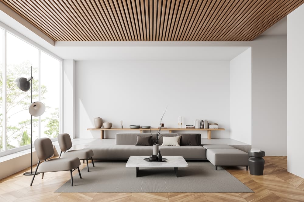 гостиная в стиле минимализм с диваном, журнальным столиком и креслами
