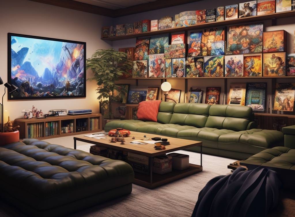 cozy game room with an oversized ottoman and green couches