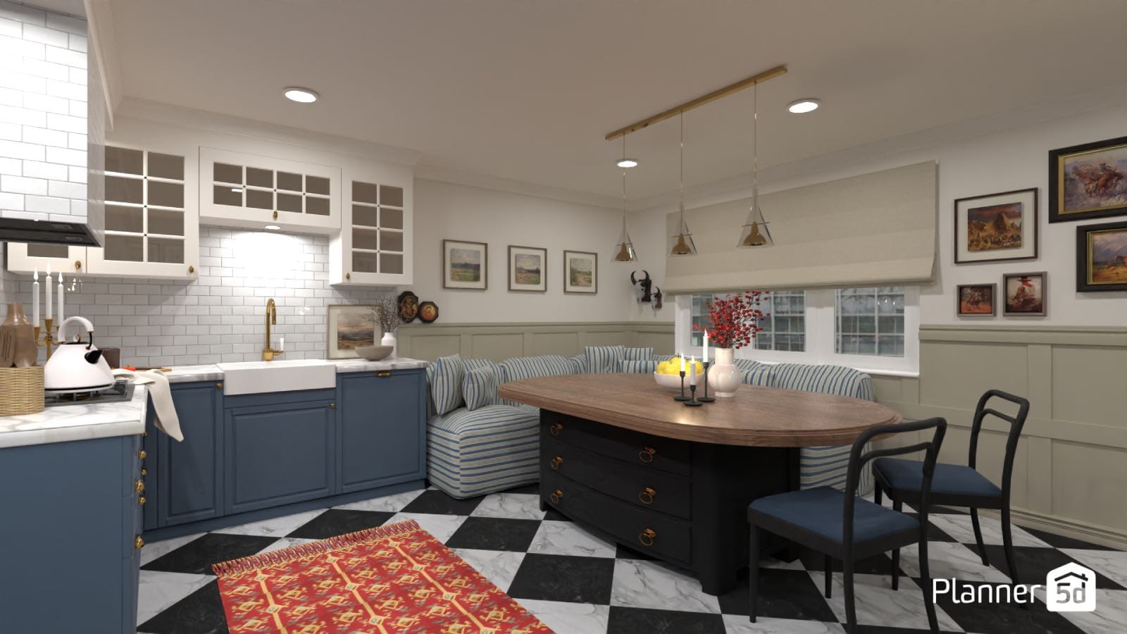 blue kitchen 3d render created using planner 5d