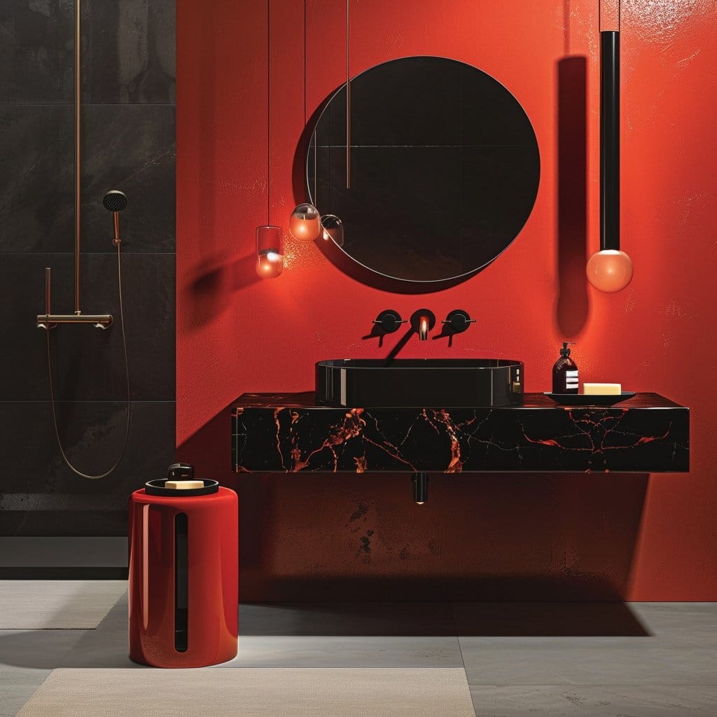 bathroom with red walls and black fittings