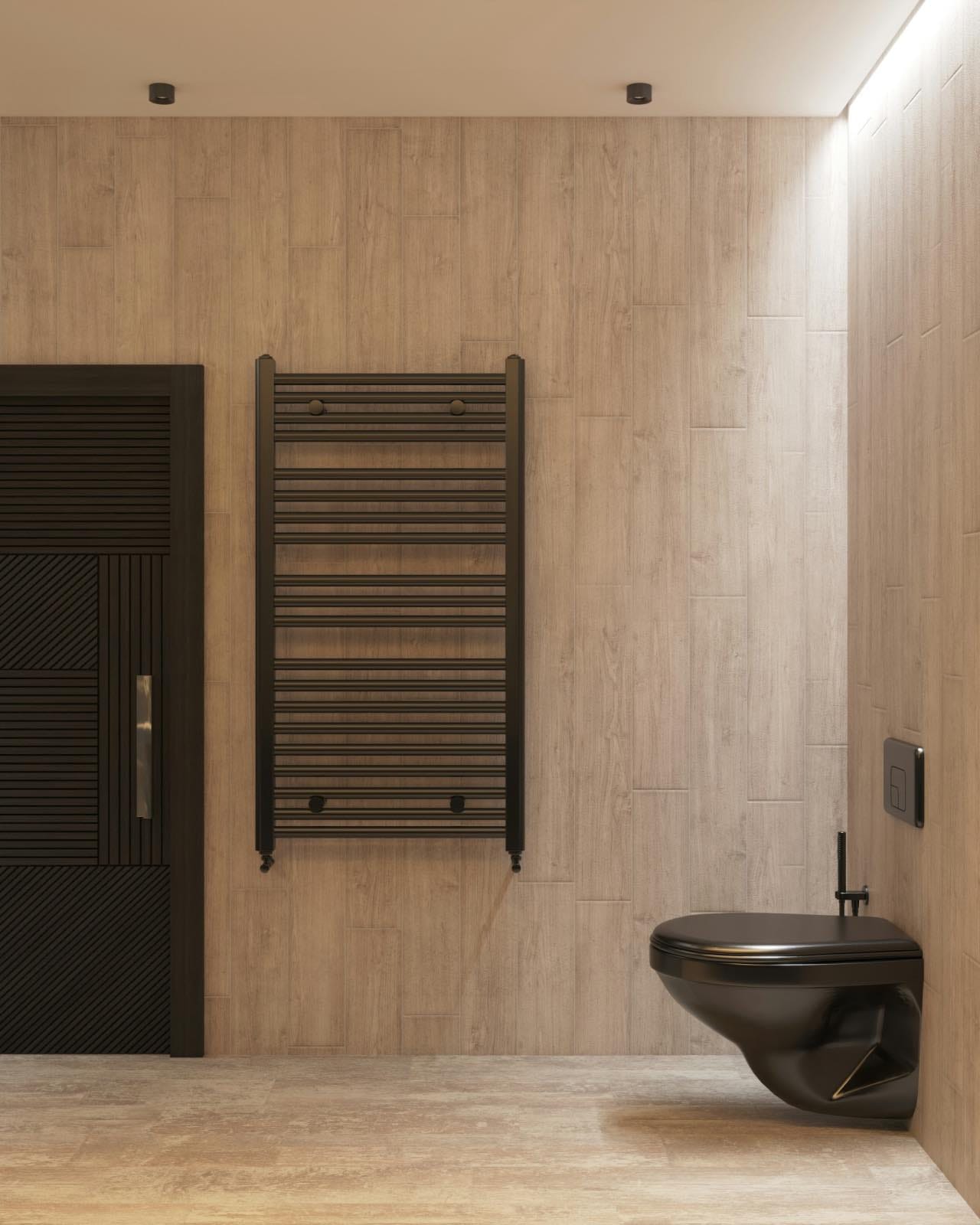 reforma de baño moderno con paredes y suelo grises e instalaciones negras