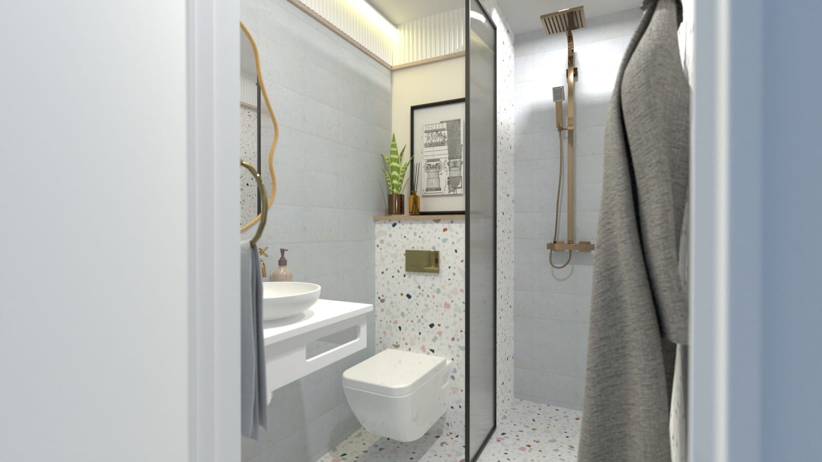 reforma de baño, antes y después, render 3d de baño moderno