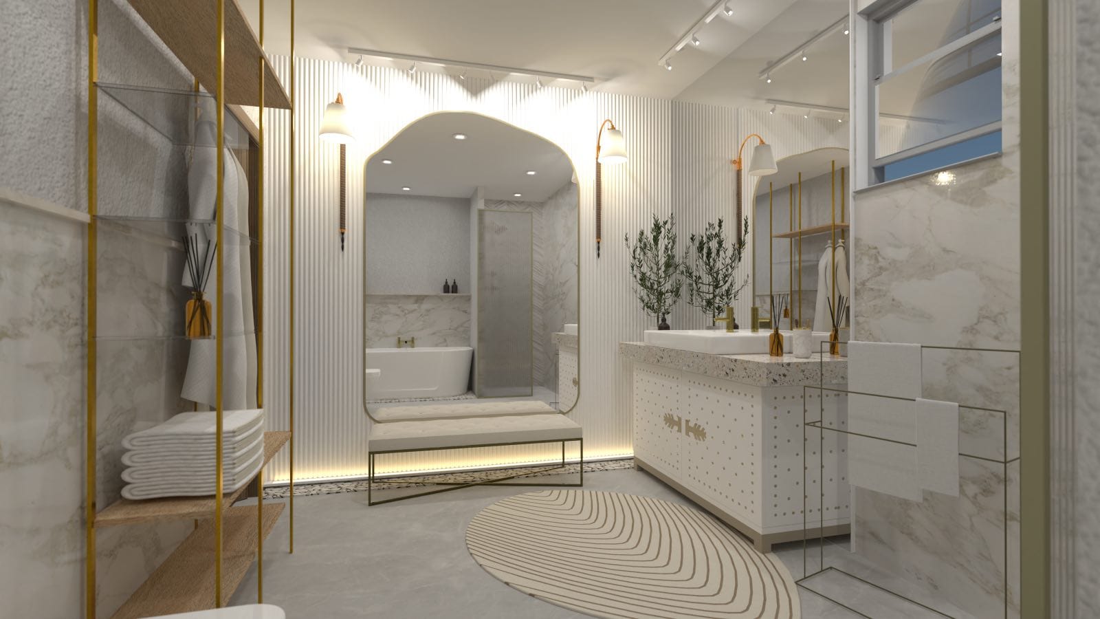 baño de lujo luminoso mármol y dorado, render 3d con planer 5d