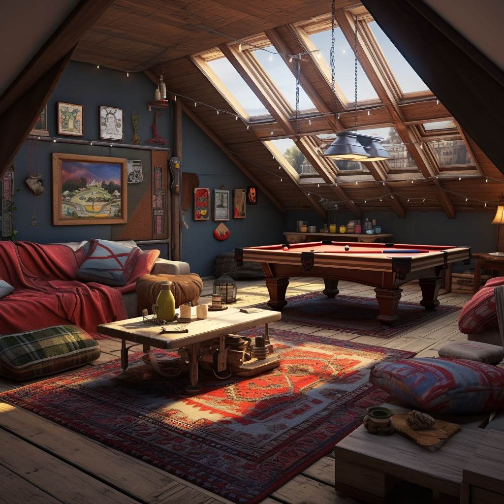 game room with rugs and cozy fabrics