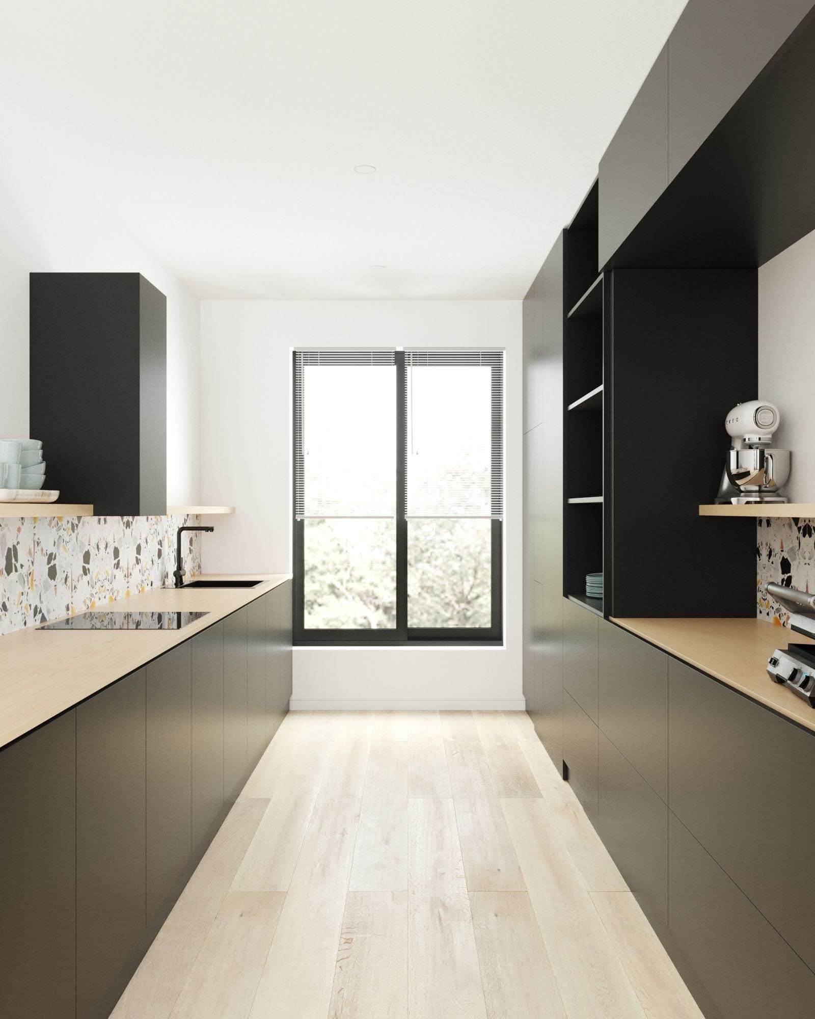 cocina moderna minimalista negra con salpicadero de terrazzo
