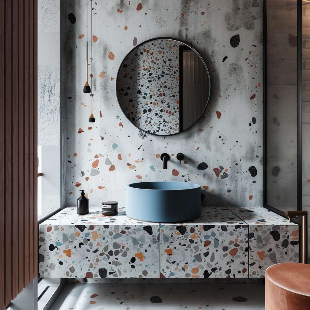 speckled terrazzo wall in the bathroom