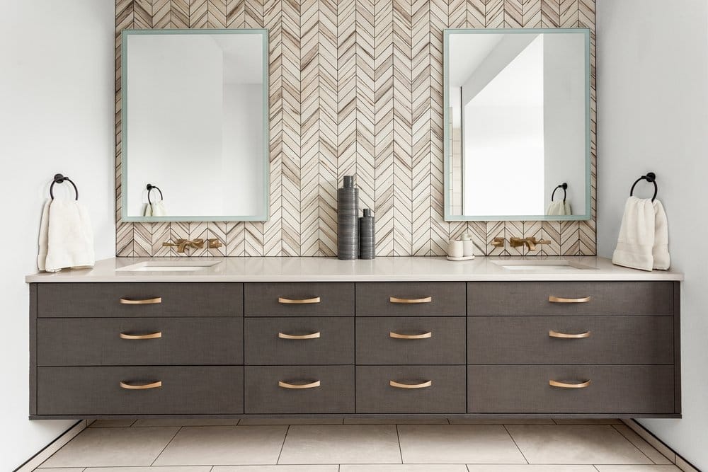 double vanity in wood with chevron background and two mirrors
