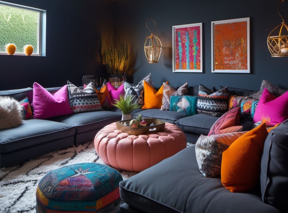 dark couch with colorful pillows and decor