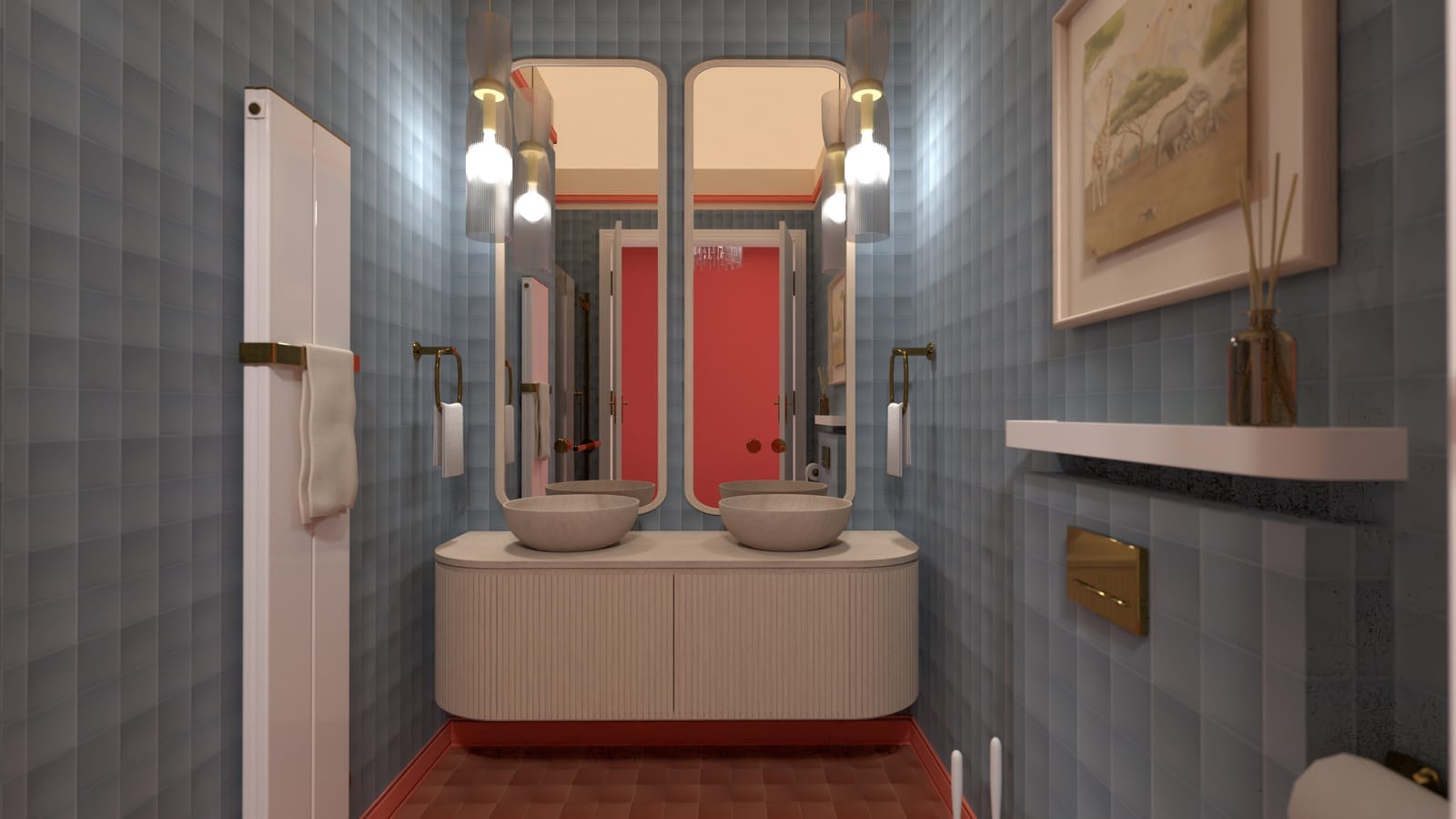 render 3d de cuarto de baño azul y rojo en planner 5d