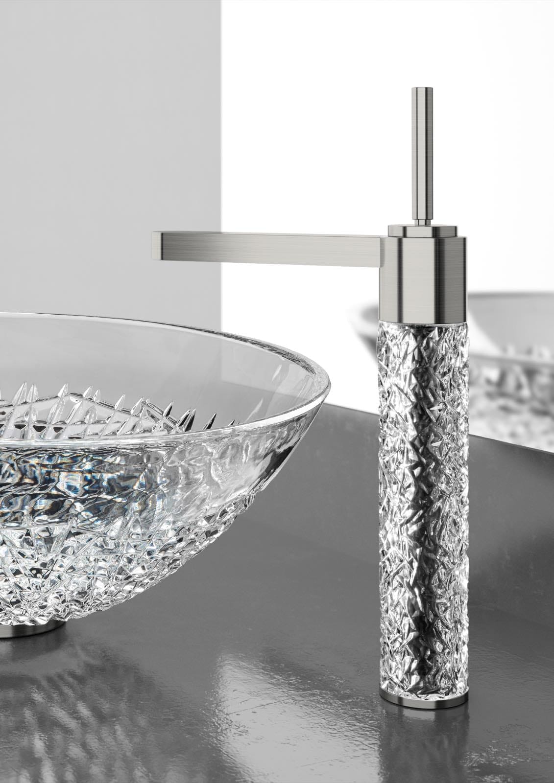 Designer glass and steel faucet and sink for the bathroom