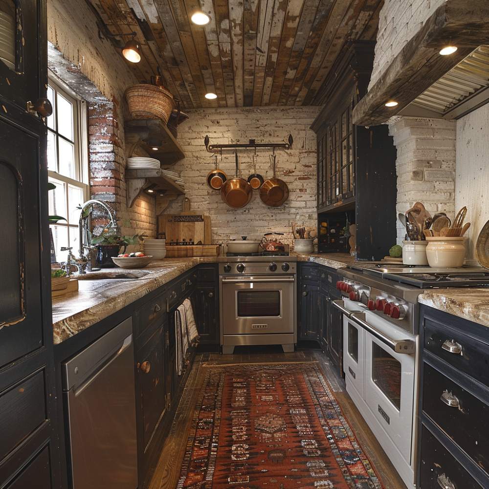 rustic style galley kitchen with hanging pot rack