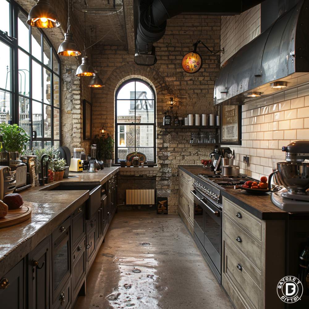 industrial style kitchen withe exposed brick 