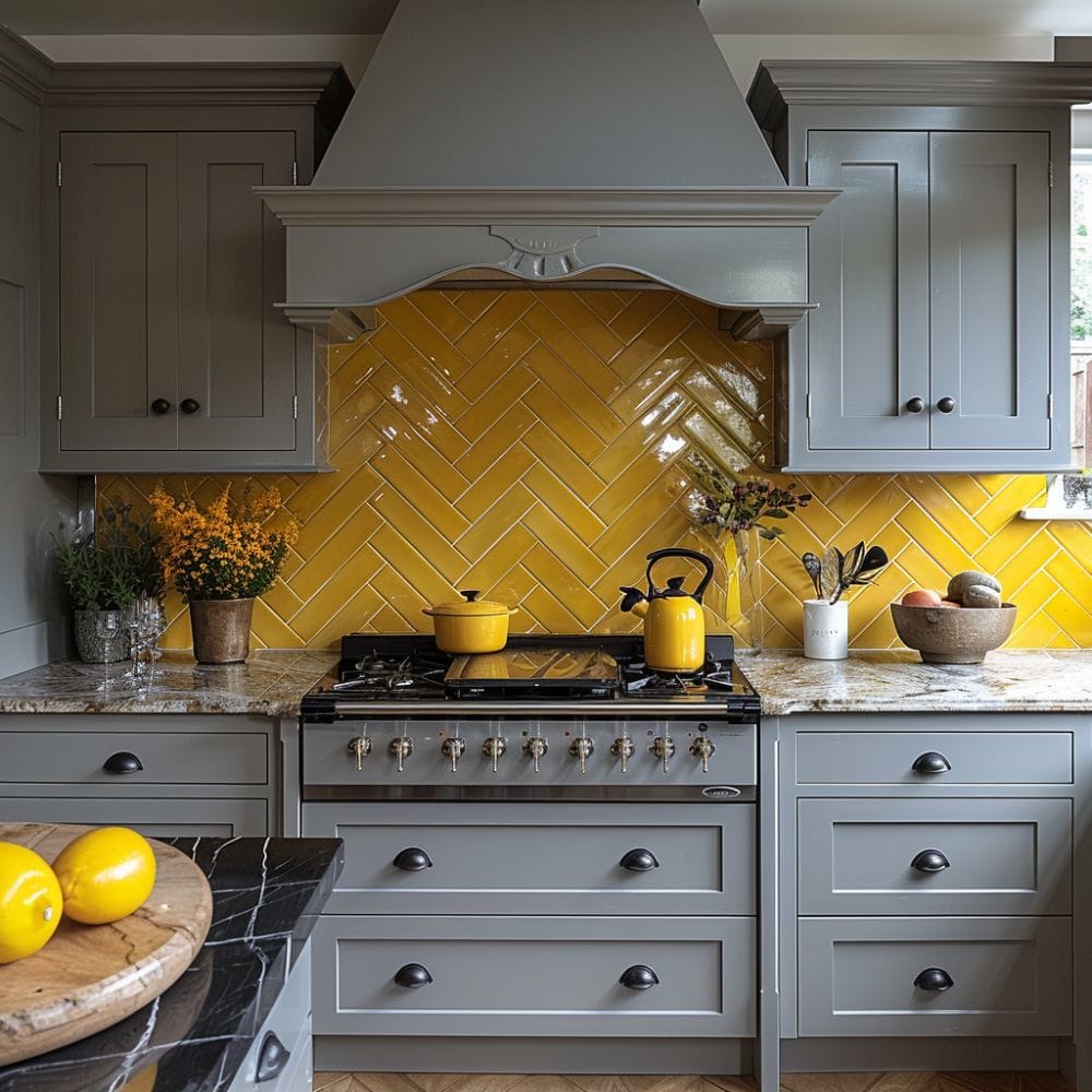gray kitchen with yellow tiles