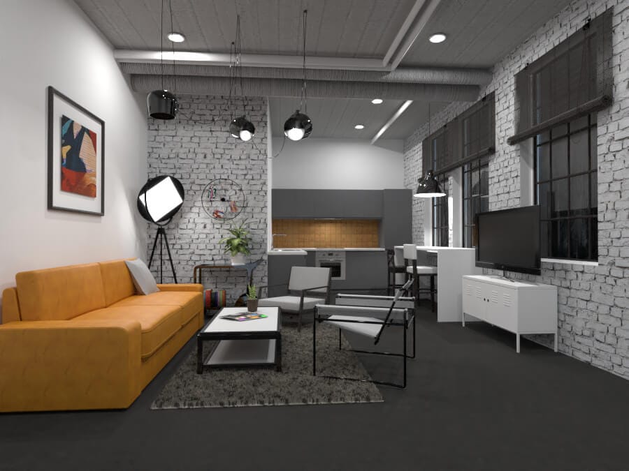 sala de estar industrial com sofa de couro e parede de tijolinhos