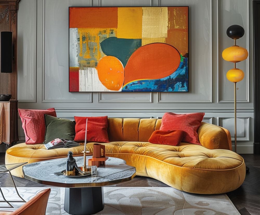 colorful apartment with gold couch and geometric shape art work