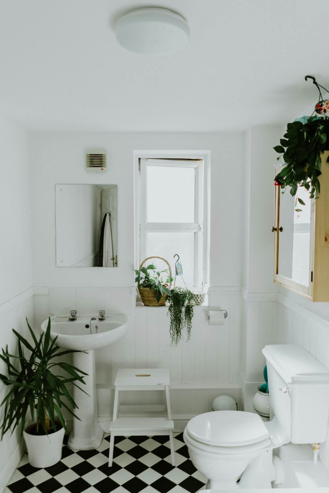baño blanco y negro vintage con paredes blancas y paneles de madera