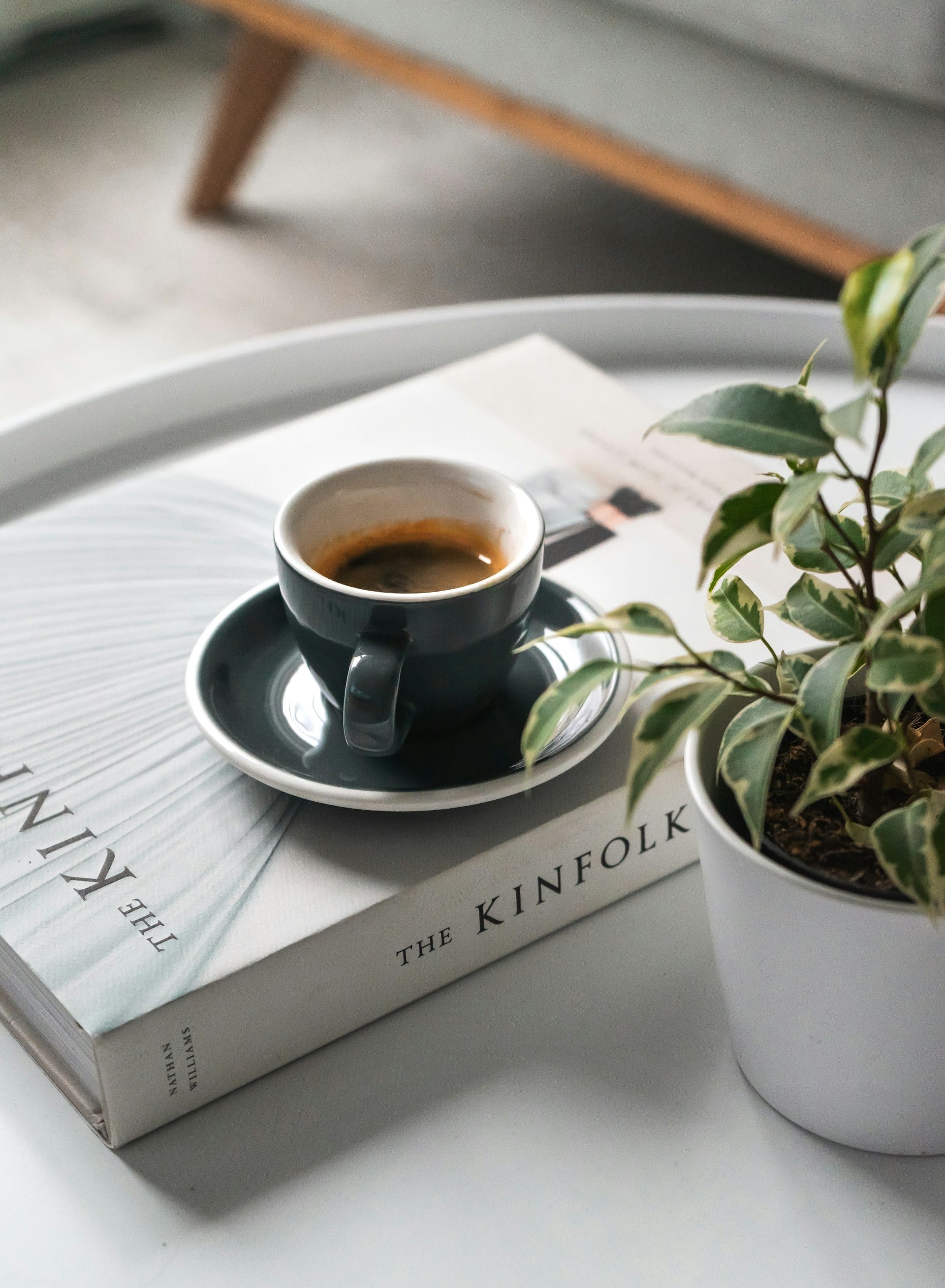 une tasse de café sur un livre et à côté d'un plant