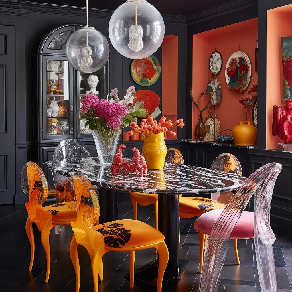 dining room with dark floors and built-in cabinets withr bright oranges chairs