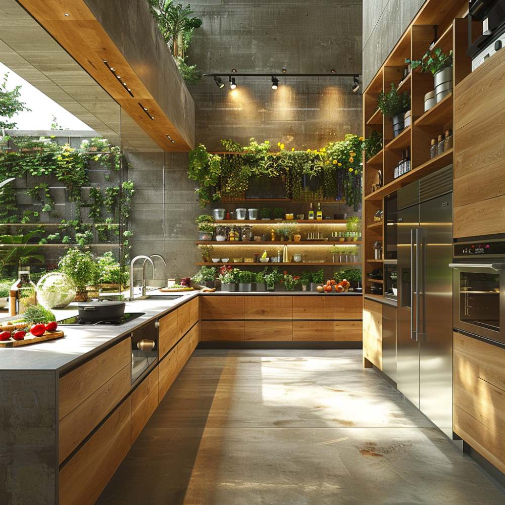 nicely lit kitchen with large windows and lots of greenery