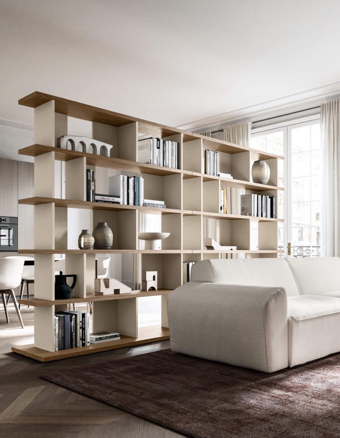 librería divisoria en sala de estar de concepto abierto, muebles de diseño