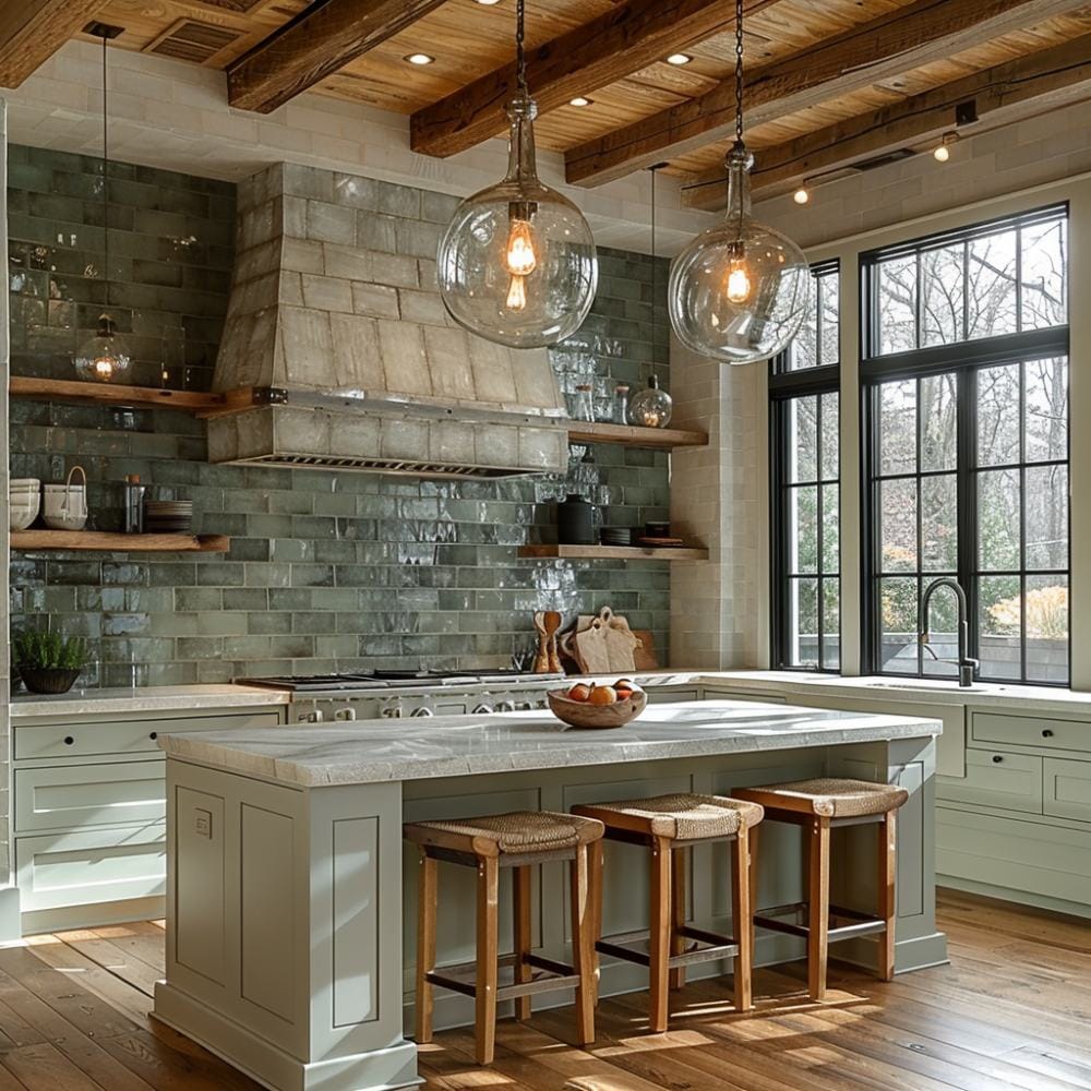 кухня-лофт с деревянными балками на потолке