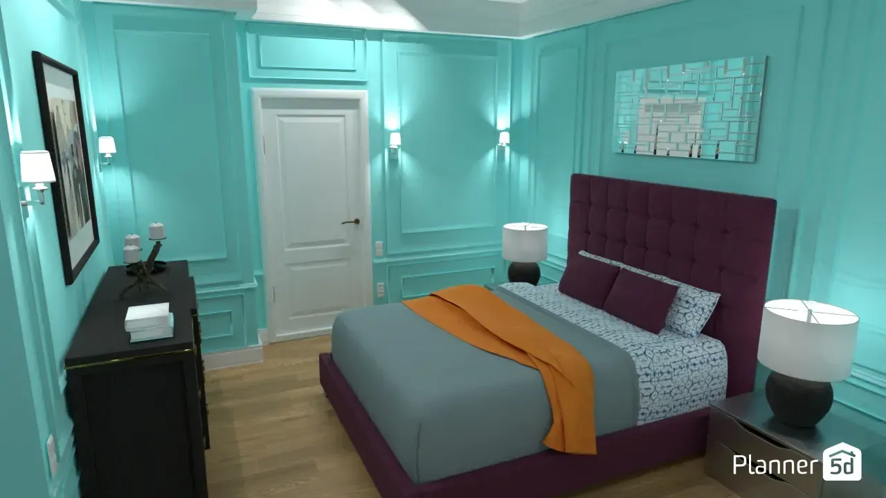 render 3d de dormitorio azul en planner 5d